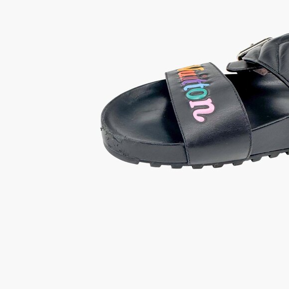 Louis Vuitton New Wave Bom Dia Slide Sandal Size 38 US 8 Black Rainbow Logo Mule - Picture 11 of 15